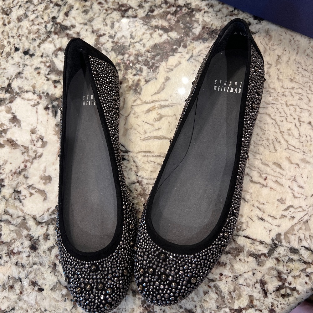 Stuart Weitzman Black Embellished Crystal Ballet Flats